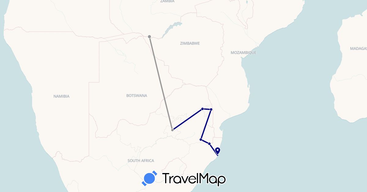 TravelMap itinerary: driving, plane in South Africa, Zambia (Africa)